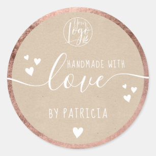 Handgemaakt liefdesscript logo harten roos gouden ronde sticker