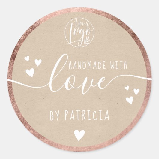 Handgemaakt liefdesscript logo harten roos gouden  ronde sticker (Voorkant)