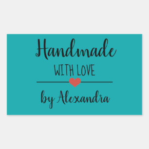 Handgemaakt met de blauwgroen naam van het liefdes rechthoekige sticker