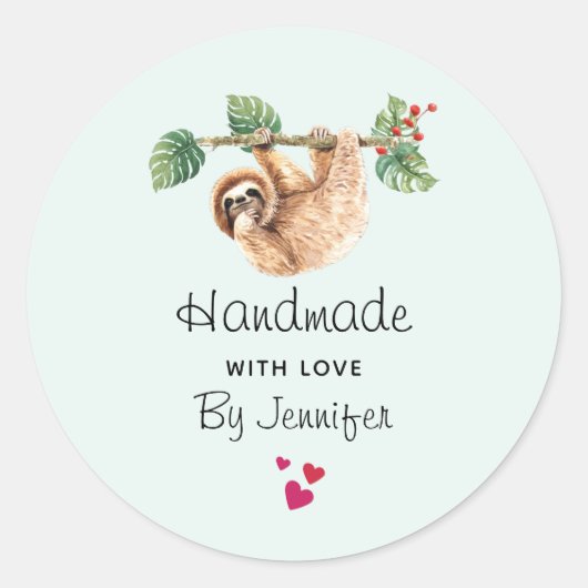 Handgemaakt met de Love Cute Sloth die onderstebov Ronde Sticker (Voorkant)