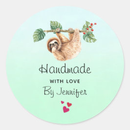 Handgemaakt met de Love Cute Sloth die onderstebov Ronde Sticker