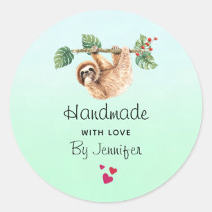 Handgemaakt met de Love Cute Sloth die onderstebov Ronde Sticker