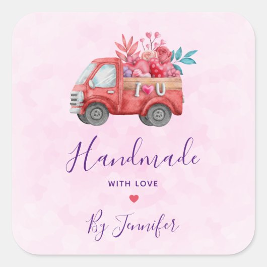 Handgemaakt met de Waterverf Love Cute Red Truck Vierkante Sticker (Voorkant)