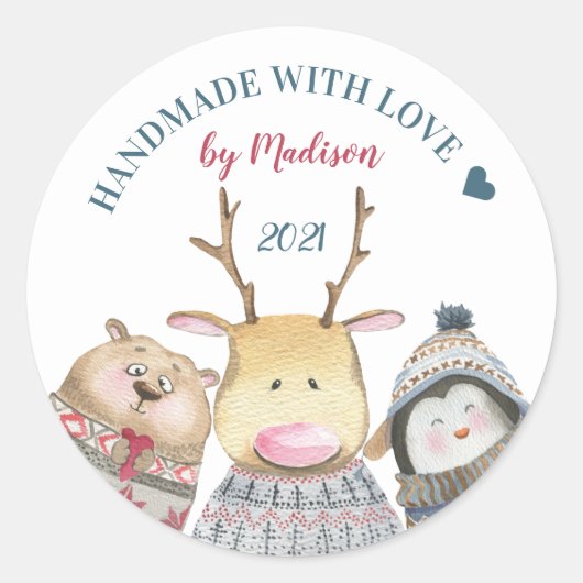 Handgemaakt met de winter van de liefdesdieren ronde sticker (Voorkant)