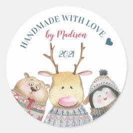 Handgemaakt met de winter van de liefdesdieren ronde sticker