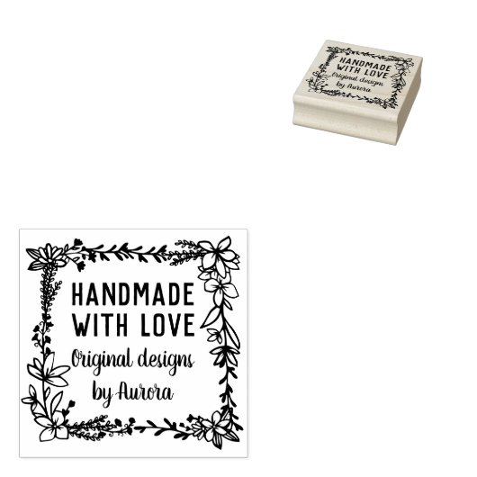 Handgemaakt met handschrift Floral Square Handmade Rubberstempel (Gestempeld)