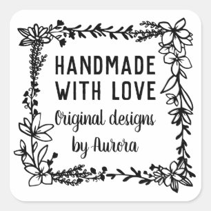Handgemaakt met handschrift Floral Square Handmade Vierkante Sticker