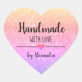 Handgemaakt met het liefdesregenbooglitterscript hart sticker