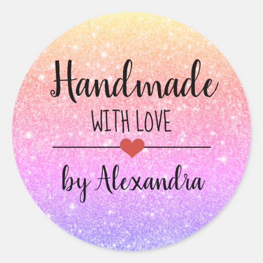 Handgemaakt met het liefdesregenbooglitterscript ronde sticker (Voorkant)