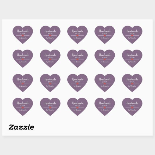 Handgemaakt met het liefdesscript paars hart sticker (Vel)