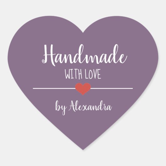Handgemaakt met het liefdesscript paars hart sticker (Voorkant)