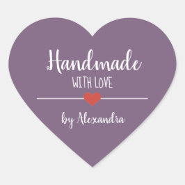 Handgemaakt met het liefdesscript paars hart sticker