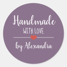 Handgemaakt met het liefdesscript paars ronde sticker