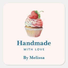Handgemaakt met liefde Aardbei Cupcake Dessert Vierkante Sticker