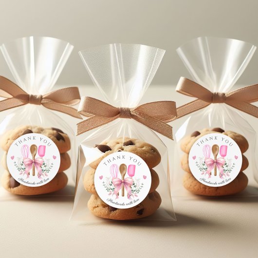 Handgemaakt met liefde bakkerij roze gebruiksvoorw ronde sticker