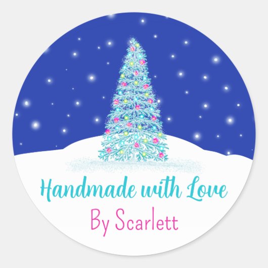 Handgemaakt Met Liefde Blauwe Kerstboom Ronde Sticker (Voorkant)