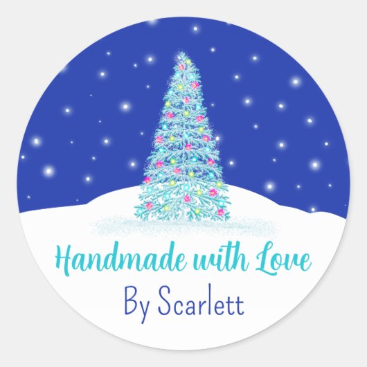 Handgemaakt Met Liefde Blauwe Kerstboom Ronde Sticker (Voorkant)