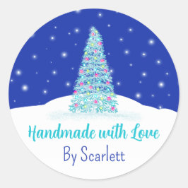 Handgemaakt Met Liefde Blauwe Kerstboom Ronde Sticker