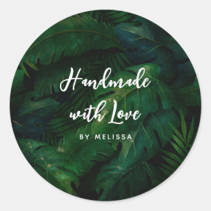 Handgemaakt met Liefde Donkergroene Tropische blad Ronde Sticker