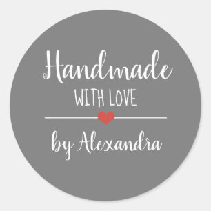 Handgemaakt met liefde grijs script naam ronde sticker