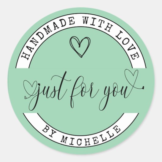 Handgemaakt Met Liefde Groen Elegant Script Sticke Ronde Sticker (Voorkant)