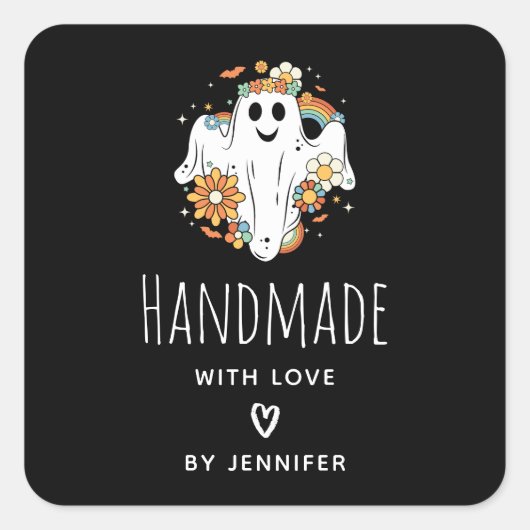 Handgemaakt met liefde Happy Ghost Retro Hippie Vi Vierkante Sticker (Voorkant)