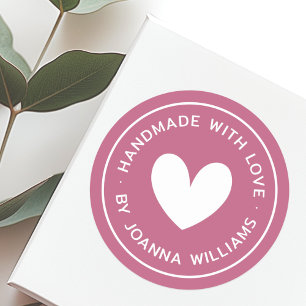 Handgemaakt met liefde hart naam roos mauve ronde sticker