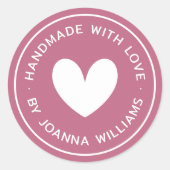 Handgemaakt met liefde hart naam roos mauve ronde sticker (Voorkant)