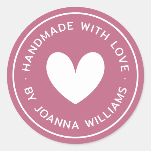 Handgemaakt met liefde hart naam roos mauve ronde sticker (Voorkant)