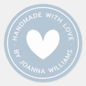 Handgemaakt met liefde hart naam stoffig blauw ronde sticker (Voorkant)