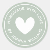 Handgemaakt met liefde hart naam stoffig groen ronde sticker (Voorkant)