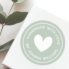 Handgemaakt met liefde hart naam stoffig groen ronde sticker