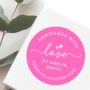 Handgemaakt met liefde hart naam URL heet roze Ronde Sticker