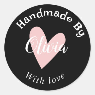 Handgemaakt met liefde hart naam URL terracotta Zw Ronde Sticker