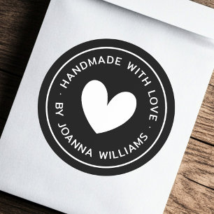 Handgemaakt met liefde hart naam zwart ronde sticker