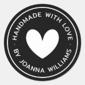 Handgemaakt met liefde hart naam zwart ronde sticker (Voorkant)