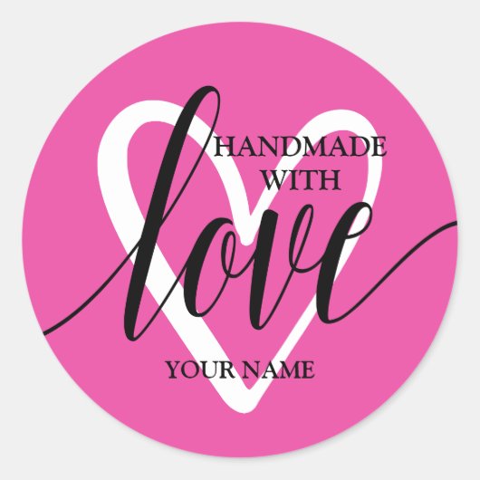 Handgemaakt Met Liefde Hart op Hot Pink Ronde Sticker (Voorkant)