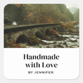 Handgemaakt met liefde herfst bos en rivier foto vierkante sticker