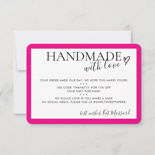 HANDGEMAAKT MET LIEFDE insert moderne chique fusch Bedankkaart (Voorkant)