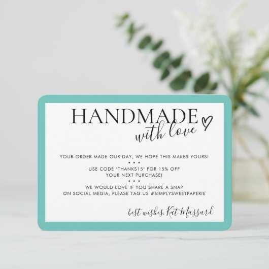 HANDGEMAAKT MET LIEFDE insert moderne chique mint Bedankkaart (Staand voorkant)