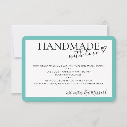 HANDGEMAAKT MET LIEFDE insert moderne chique mint  Bedankkaart (Voorkant)