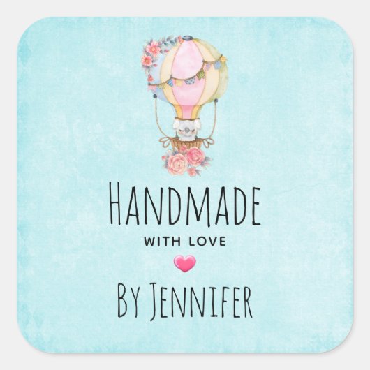 Handgemaakt met Liefde Leuke Hete Luchtballon Wate Vierkante Sticker (Voorkant)