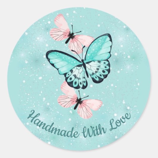 "Handgemaakt met liefde" Met vlinders Ronde Sticker (Voorkant)
