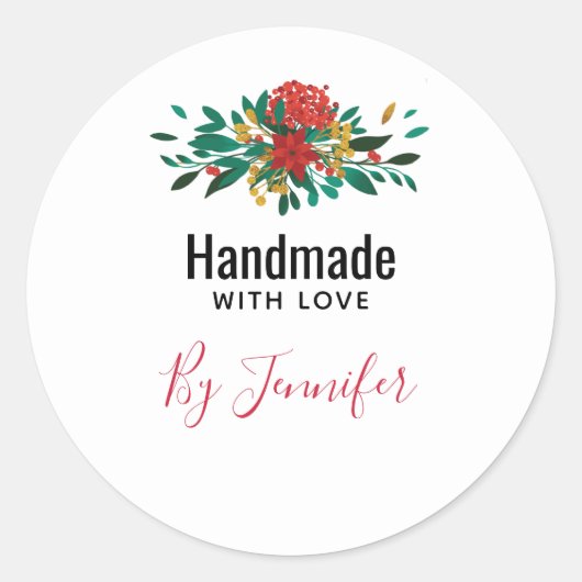 Handgemaakt met Liefde Modern Rood Groen & Goud Bl Ronde Sticker (Voorkant)