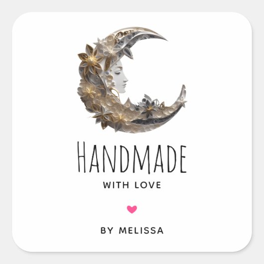Handgemaakt met liefde mooi gezicht in de maan vierkante sticker (Voorkant)