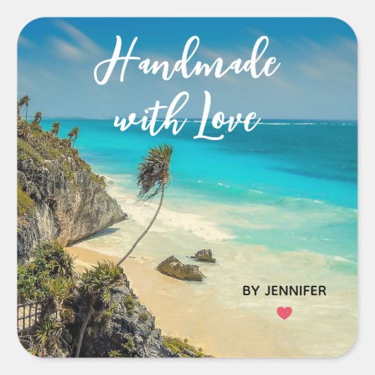 Handgemaakt met liefde mooi tropisch strand vierkante sticker (Voorkant)