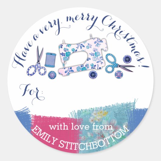 Handgemaakt met liefde naaimachine Kerstlabel Ronde Sticker (Voorkant)