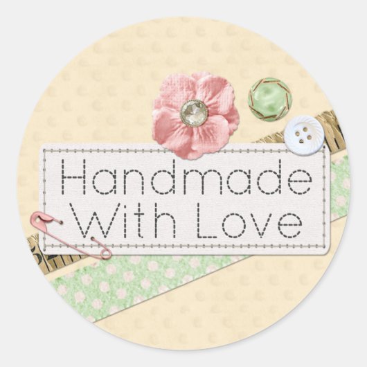 Handgemaakt met liefde naaisteken & Buttonnen Ronde Sticker (Voorkant)