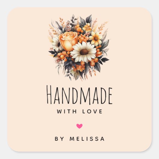 Handgemaakt met Liefde Oranje Geel Bloemboeket Vierkante Sticker (Voorkant)