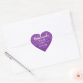 Handgemaakt met liefde paarse glitter script hart sticker (Envelop)